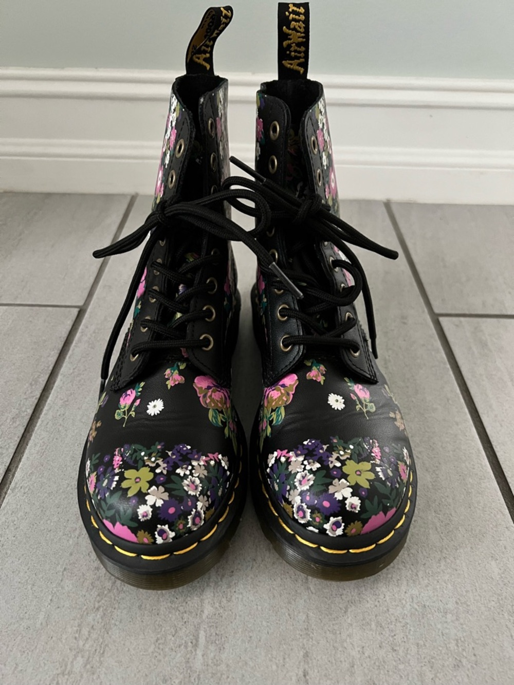 Dr. Martens Black Floral Lace-Up Combat Boots with Pink & Purple Accents